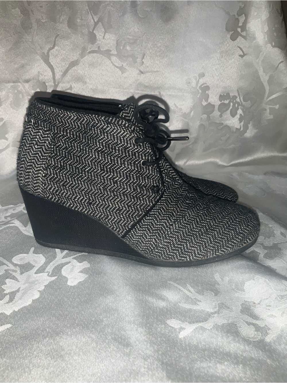 Toms Black and White Tweed Lace-Up Wedge Booties